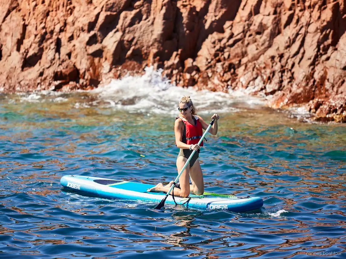 Stand-up paddleboarding near the Lerins Islands during the Cannes catamaran cruise